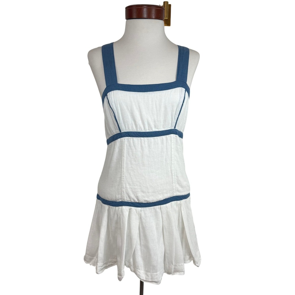 Kimchi Blue Linen Blend Mini Dress M White Blue Drop Waist Coastal Euro Summer